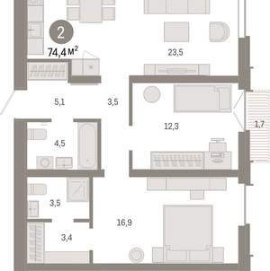 2-к квартира, вторичка, 74м2, 5/16 этаж