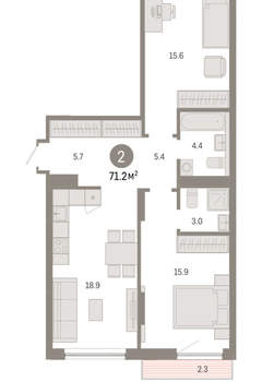 2-к квартира, вторичка, 71м2, 2/8 этаж