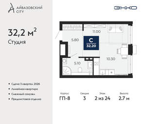 Студия квартира, вторичка, 32м2, 2/24 этаж