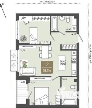 2-к квартира, вторичка, 61м2, 2/15 этаж