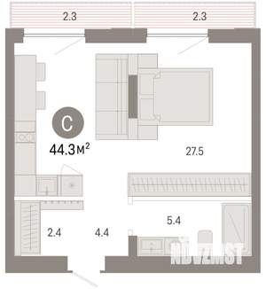 Студия квартира, вторичка, 44м2, 8/8 этаж