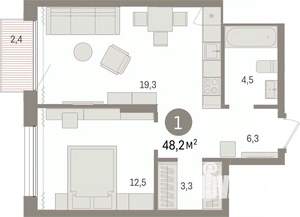 1-к квартира, вторичка, 48м2, 14/17 этаж