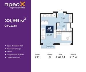 Студия квартира, вторичка, 34м2, 4/21 этаж