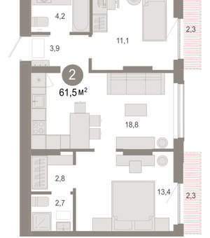 2-к квартира, вторичка, 62м2, 4/17 этаж