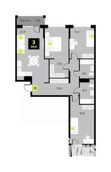 3-к квартира, вторичка, 89м2, 6/9 этаж