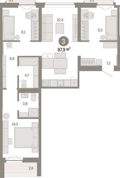 3-к квартира, вторичка, 88м2, 2/16 этаж