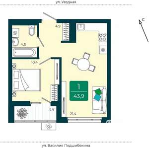 1-к квартира, вторичка, 44м2, 8/9 этаж