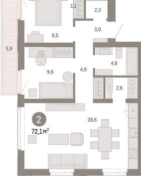 2-к квартира, вторичка, 72м2, 5/25 этаж