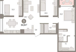 3-к квартира, вторичка, 95м2, 2/8 этаж
