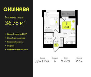 1-к квартира, вторичка, 37м2, 9/19 этаж