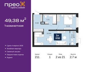 1-к квартира, вторичка, 49м2, 2/21 этаж