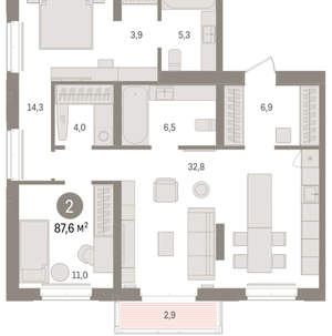 2-к квартира, вторичка, 88м2, 3/16 этаж