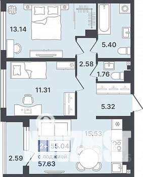 2-к квартира, строящийся дом, 55м2, 6/8 этаж