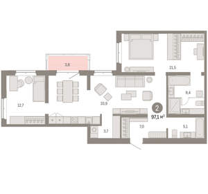 2-к квартира, вторичка, 97м2, 5/11 этаж