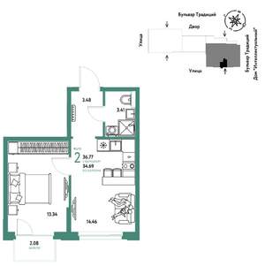 2-к квартира, вторичка, 37м2, 9/15 этаж