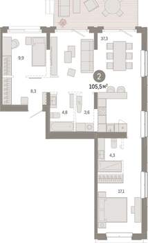 2-к квартира, вторичка, 105м2, 2/11 этаж