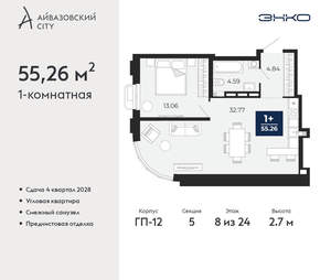 1-к квартира, вторичка, 55м2, 8/24 этаж