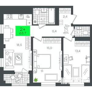 2-к квартира, строящийся дом, 64м2, 17/18 этаж