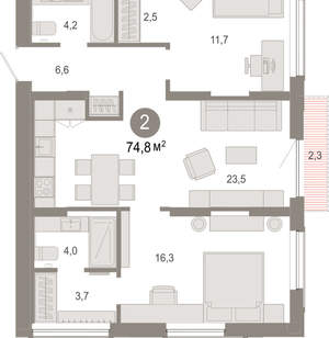 2-к квартира, вторичка, 75м2, 16/17 этаж