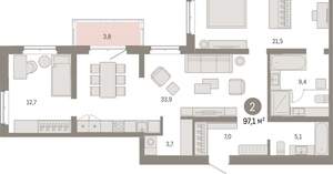 2-к квартира, вторичка, 97м2, 6/11 этаж