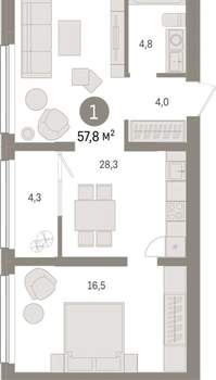 1-к квартира, вторичка, 58м2, 8/9 этаж