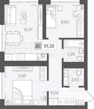 2-к квартира, вторичка, 51м2, 6/17 этаж