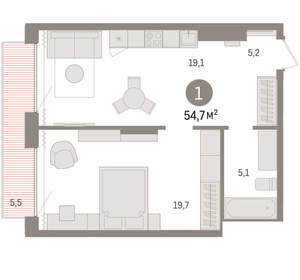 1-к квартира, вторичка, 55м2, 16/17 этаж
