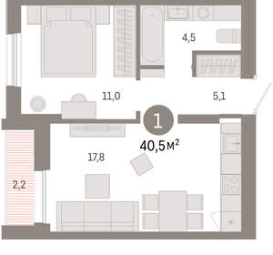 1-к квартира, вторичка, 40м2, 8/17 этаж