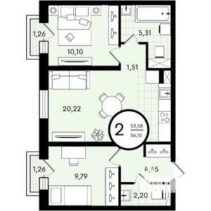 2-к квартира, строящийся дом, 56м2, 2/4 этаж