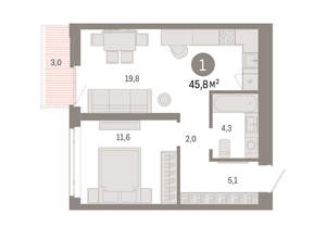 1-к квартира, вторичка, 46м2, 7/25 этаж