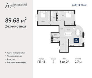 2-к квартира, вторичка, 90м2, 3/24 этаж