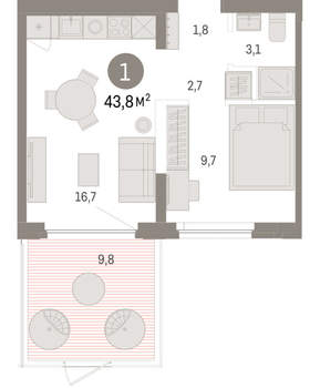 1-к квартира, вторичка, 44м2, 2/16 этаж