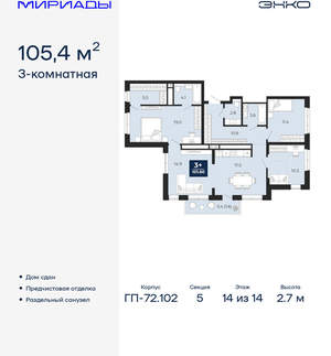 3-к квартира, сданный дом, 105м2, 14/16 этаж