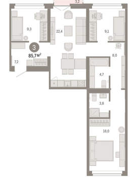 3-к квартира, вторичка, 86м2, 3/16 этаж
