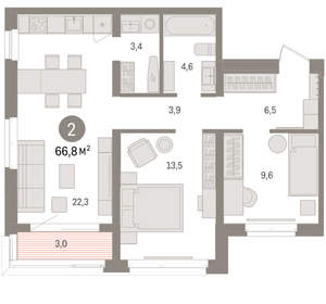 2-к квартира, вторичка, 67м2, 5/16 этаж