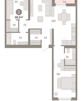 2-к квартира, вторичка, 86м2, 8/16 этаж