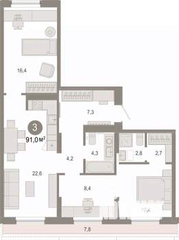 3-к квартира, вторичка, 87м2, 7/7 этаж