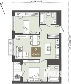 2-к квартира, вторичка, 60м2, 5/15 этаж