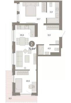 2-к квартира, вторичка, 72м2, 9/25 этаж