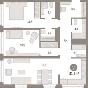 2-к квартира, вторичка, 91м2, 11/25 этаж