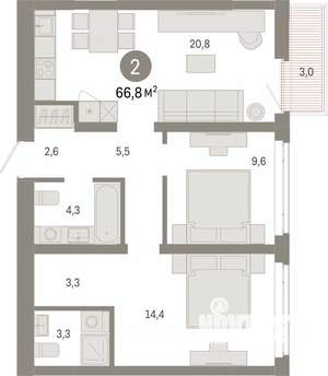 2-к квартира, вторичка, 67м2, 7/8 этаж
