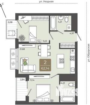 2-к квартира, вторичка, 62м2, 10/15 этаж