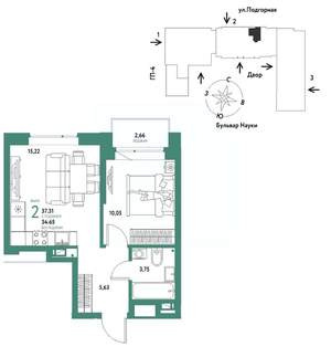 2-к квартира, строящийся дом, 37м2, 13/16 этаж