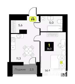 1-к квартира, вторичка, 36м2, 7/7 этаж