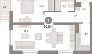 1-к квартира, вторичка, 60м2, 13/16 этаж