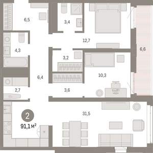 2-к квартира, вторичка, 91м2, 6/25 этаж