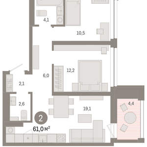 2-к квартира, вторичка, 61м2, 7/8 этаж