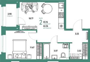 2-к квартира, вторичка, 45м2, 3/25 этаж