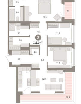 3-к квартира, вторичка, 116м2, 7/16 этаж