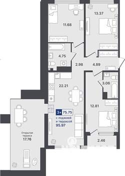 3-к квартира, строящийся дом, 76м2, 5/8 этаж